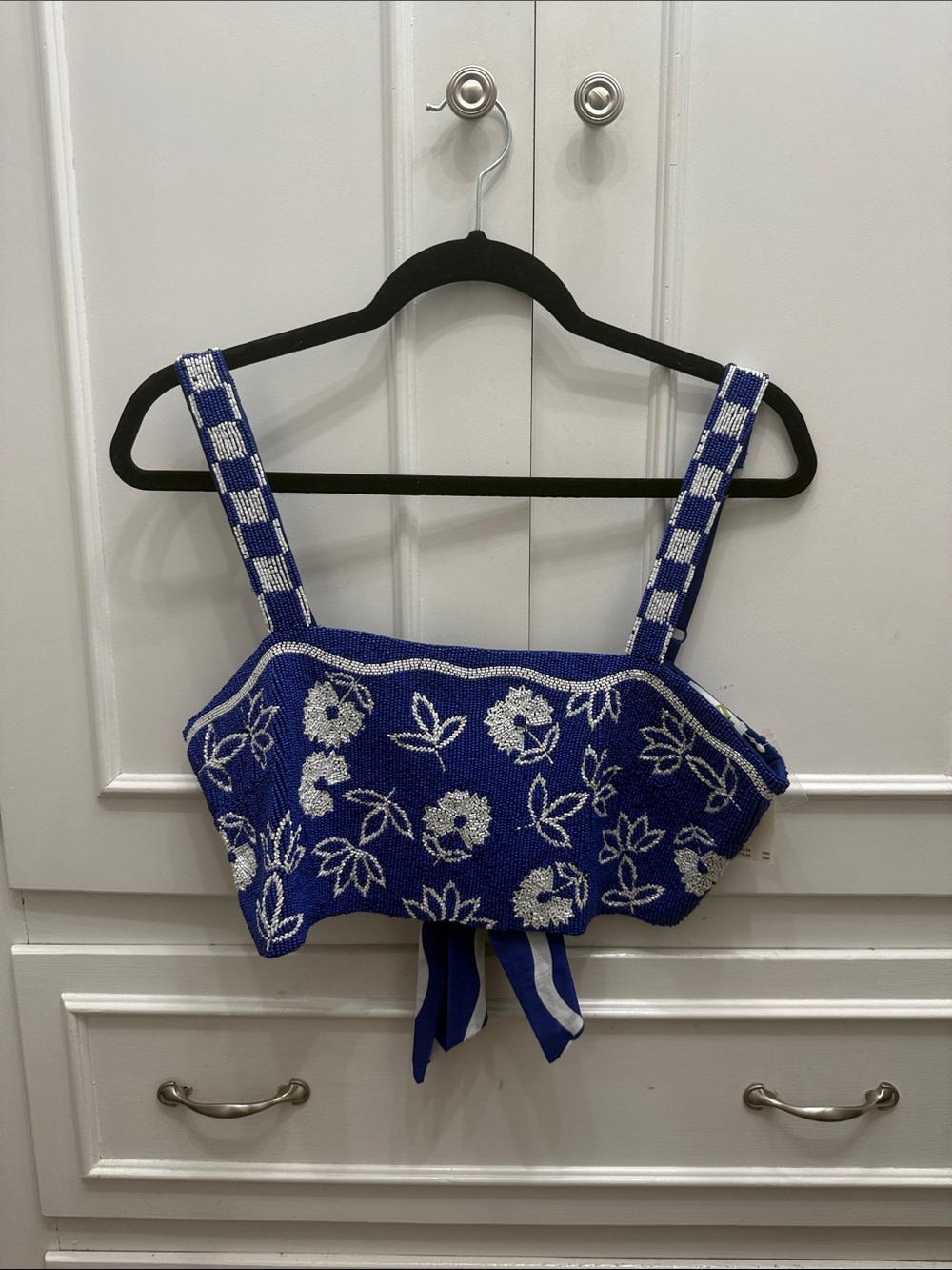 Anthropologie Blue and White Floral Knit Cropped Tank